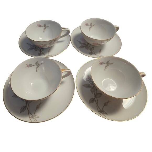 VTG Sango Japan Gold Rim Pastoral Pink Roses Flat Cup & Saucer Set of 4 READ - Picture 1 of 7